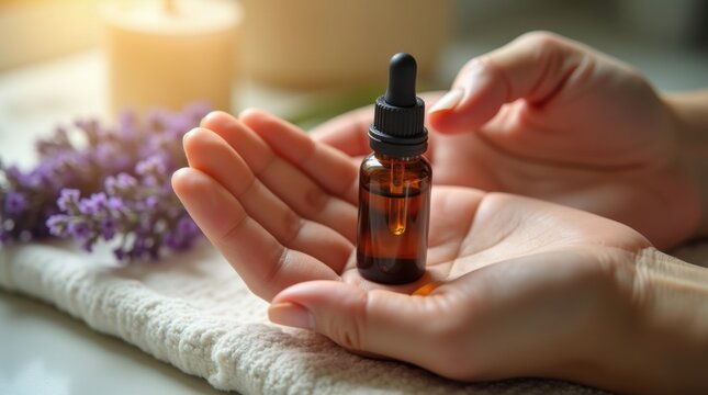 Mano relajada con dedos delicados y u&ntilde;as recortadas sosteniendo una peque&ntilde;a botella de vidrio con aceite esencial de lavanda