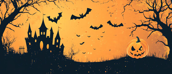 Halloween Spooky Silhouette Scene with Bats, Bare Trees and Haunted Castles