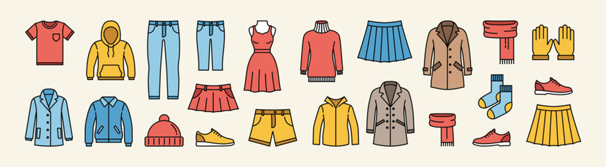 Flat vector illustration clothing accessories shirts, jeans, dresses, coats, shoes, scarf, Modern colorful apparel design perfect fashion retail projects.