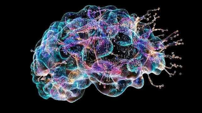 A digital brain made up of neural connections and pathways, showing complex AI algorithms in action.