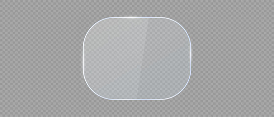 Glass plate on transparent background. Realistic screen glass, window mockup, clear glass showcase, glossy plastic glare frame, acrylic with glares and light, clear rectangular plate, plexiglas, 3d.