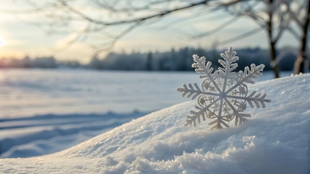 Sparkling snowflake rests on snowy hillside at sunrise