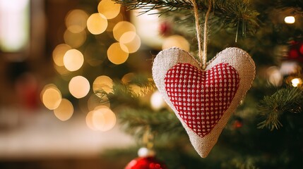 Christmas heart ornament, hanging on tree with bokeh lights, cozy festive detail, copy space