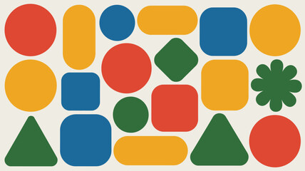 Geometric shapes in primary colors arranged on a light background in a retro style design pattern