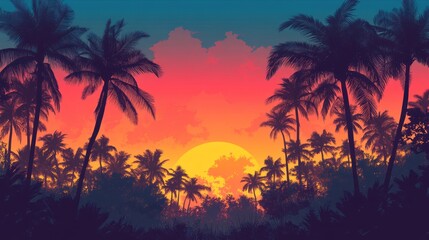 Obraz premium Tropical Sunset Silhouette Forest Scene
