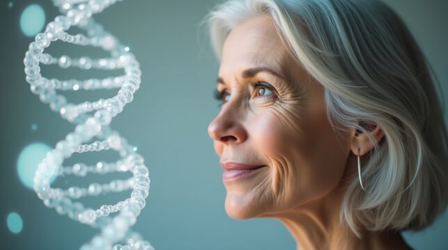 Perfil de una mujer mayor con una sonrisa amable, una doble hélice que se cierne sutilmente, enfatizando la investigación en gerontología y la innovación en el cuidado de la piel