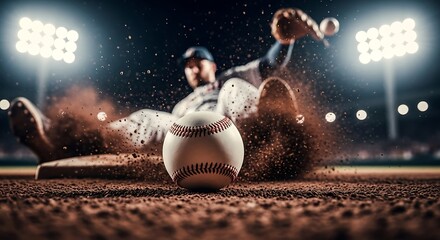Baseball player sliding dirt flying sport game