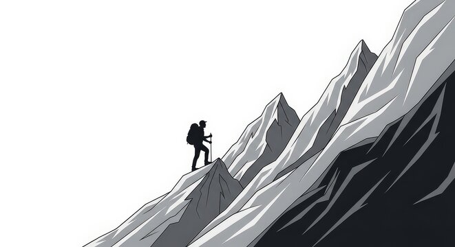 Silhouette of a hiker climbing a rocky mountain peak. - Powered by Adobe