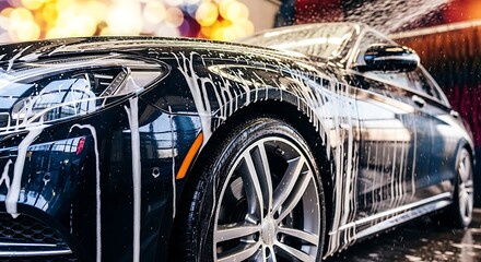 Dark car covered in suds car wash foam
