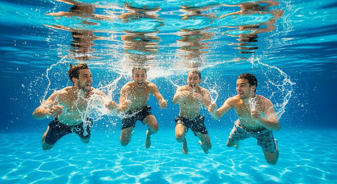 Group of happy young men having a fun underwater splash fight in a clear blue swimming pool during summer vacation