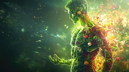 A digital representation of a male body made up of plant-based materials such as cucumbers, radishes, and broccoli, with a glowing, energetic aura surrounding it.