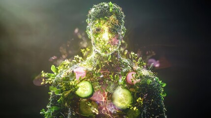 A digital representation of a male body made up of plant-based materials such as cucumbers, radishes, and broccoli, with a glowing, energetic aura surrounding it.