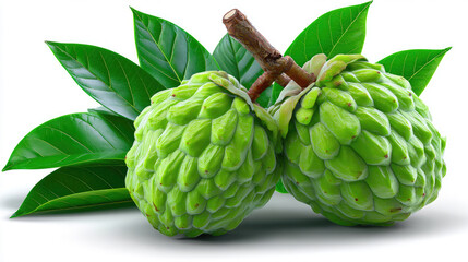 Fototapeta premium Sugar apple fruit with leaves on white background, realistic botanical illustration style, detailed textures