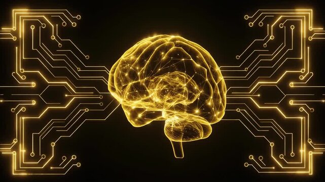 ai brain, artificial intelligence, neural network, golden circuit, cyber gold, futuristic background, digital mind , glowing brain, technology animation, cyberpunk, dark tech, innovation, mach