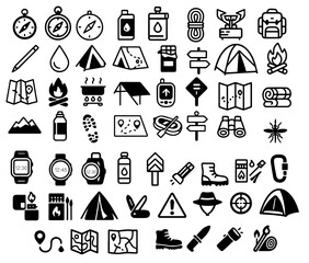 Collection of camping and outdoor adventure icons featuring essential gear and activities for exploring nature