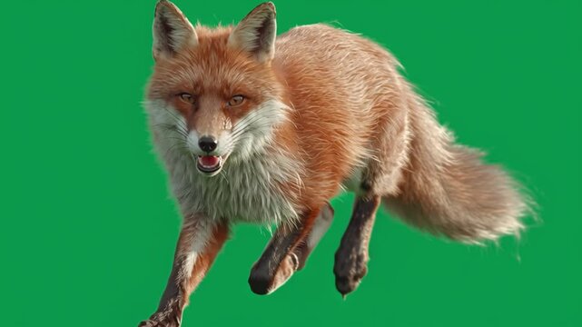 A fox leaps forward with a green screen background showing its orange fur and focused expression green screen video