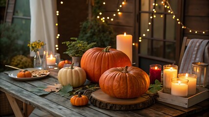 Cozy autumn evening table setting with pumpkins and candles
