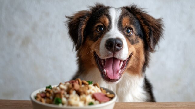 A joyful dog with a big smile eagerly looks at its food bowl filled with colorful meal, capturing the essence of companionship and the love for pets in a delightful manner.