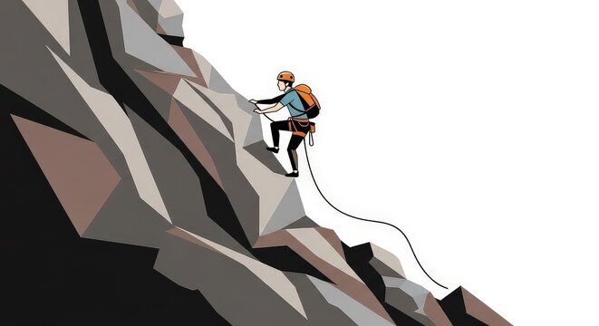 Illustration of a rock climber with a backpack and helmet ascending a steep, jagged mountain cliff with safety gear.