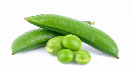 Close-up of fresh green peas and pods isolated on white, showcasing healthy eating and organic food concepts.