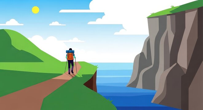 A hiker with a backpack walking on a trail near a cliff overlooking the ocean.