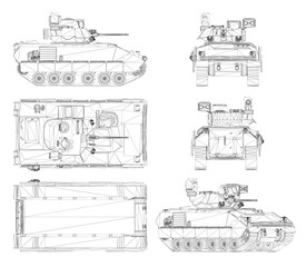 Battle Tank blueprint technical drawing on a white background. This detailed wireframe set provides a comprehensive military schematic overview.
