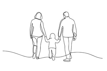 Family walking together holding hands in simple line art  