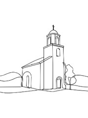 Simple line drawing of a church with landscape in background  