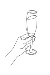 Hand holding a champagne flute in minimalist line art style  