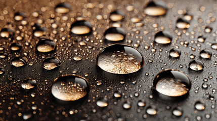 Water droplets are delicately positioned on a textured surface, reflecting light and creating a serene ambiance, highlighting the beauty of nature's elements 