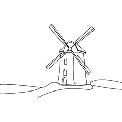 Simple line drawing of a windmill on a hilly landscape  