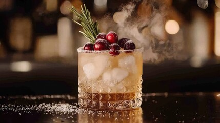 A drink topped with sugared cranberries and rosemary mist.