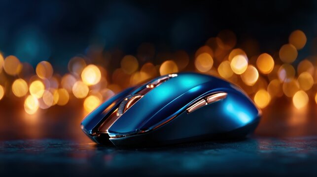 A stylish blue wireless computer mouse sparkles amidst a beautiful bokeh background, capturing the blend of modern technology and aesthetic design in an office environment. - Powered by Adobe