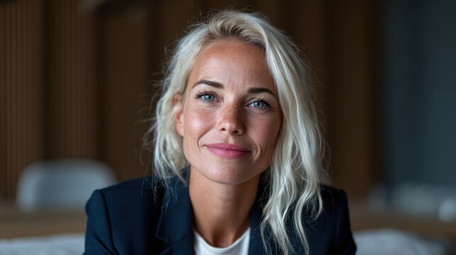 A confident businesswoman with striking blonde hair smiles warmly, exuding professionalism and approachability in a contemporary meeting space, embodying modern business elegance.