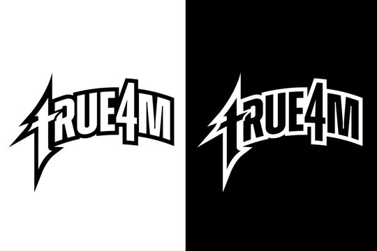 Dynamic 'TRUE4M' text logo with a lightning bolt graphic, presented in inverse black and white versions, conveying strength, energy, sports, fitness, and modern edgy branding