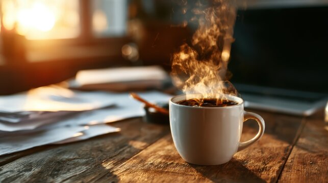 A cozy scene with a steaming cup of coffee placed on a rustic wooden table, evoking warmth and comfort, ideal for capturing moments of relaxation and enjoyment.