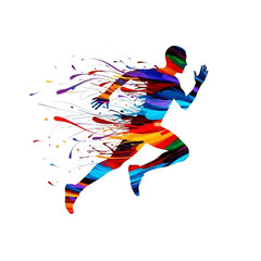 Naklejka premium Silhouette of a runner dissolving into colorful abstract paint splashes isolated on a transparent background