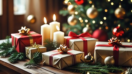 Festive holiday gifts with lit candles and decorated Christmas tree in background