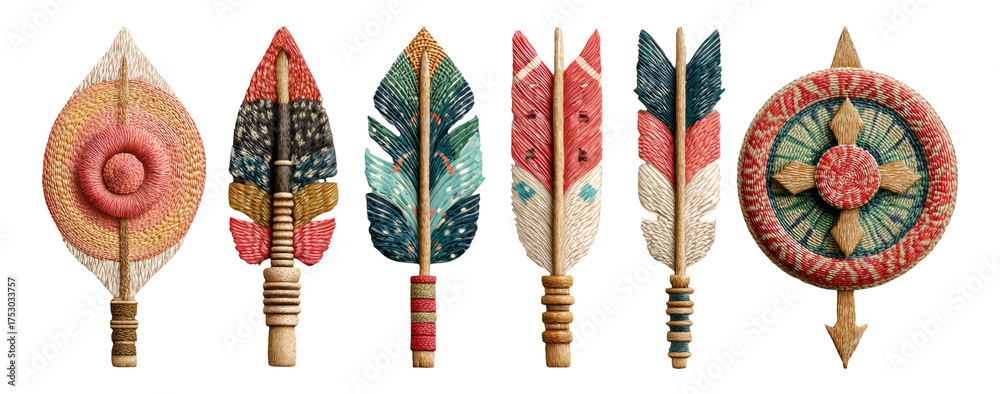 Wall mural colorful decorative arrows and shield with unique patterns on transparent background