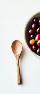 Top view of a bowl with colorful berries next to a wooden spoon on a white background, showcasing natural ingredients and simplicity.