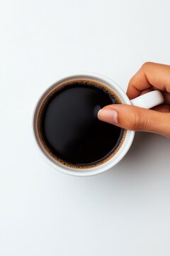 Top view of a hand holding a cup of black coffee on a white background, evoking warmth and simplicity.