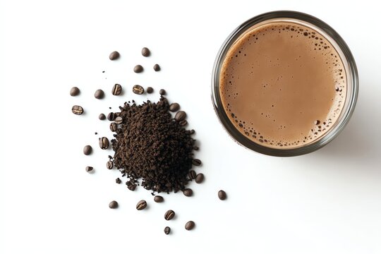 Top view of fresh coffee in a clear glass and scattered beans on white background.