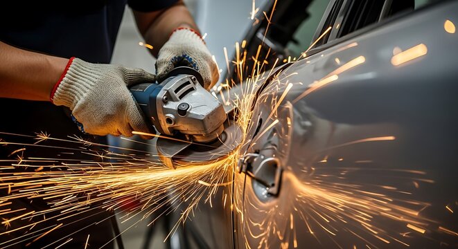 Grinding metal sparks flying metalworking car door