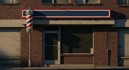 Naklejka premium Barber shop barbershop pole brick building storefront facade establishment hair salon red blue white striped classic