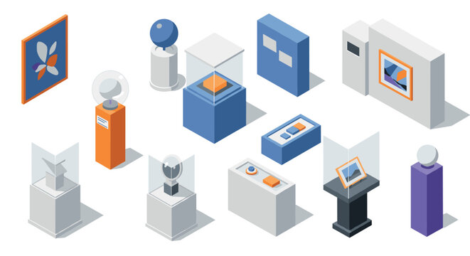 Isometric art gallery showcase with geometric sculptures and modern exhibits