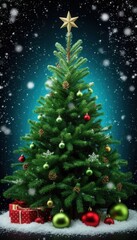 Green Christmas tree on a dark snowy background with glowing snowflakes, designed as a festive mobile wallpaper or screensaver in high-definition resolution. Perfect for seasonal branding and decor.