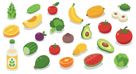 Colorful isometric fresh fruits and vegetables collection on white background