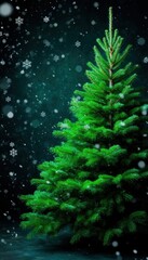 Green Christmas tree on a dark snowy background with glowing snowflakes, designed as a festive mobile wallpaper or screensaver in high-definition resolution. Perfect for seasonal branding and decor.