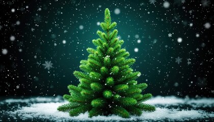 Green Christmas tree on a dark snowy background with glowing snowflakes, designed as a festive mobile wallpaper or screensaver in high-definition resolution. Perfect for seasonal branding and decor.