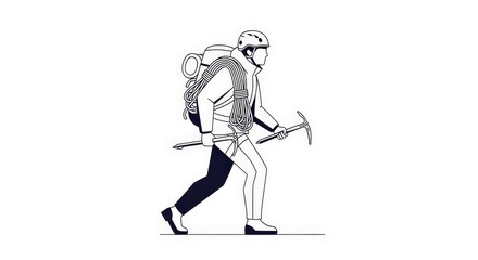 Fototapeta premium A person with climbing gear, including a backpack, rope, and ice axe, is walking.
